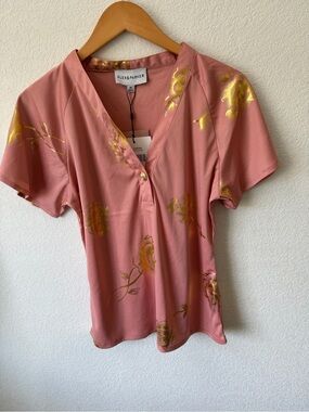 Alex & Parker Short Sleeve V-Neck Blouse with Gold Floral Detail